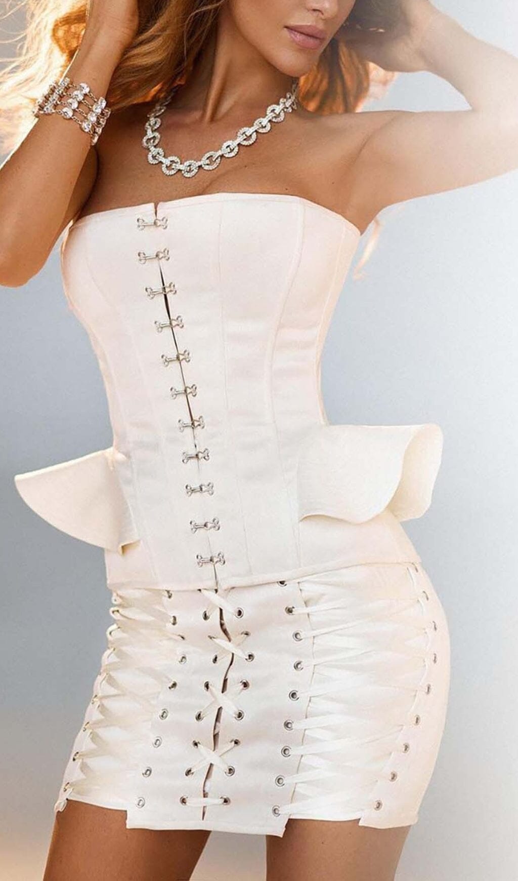 Fashionslee Women Lace-Up Off Shoulder Mini Dress In White