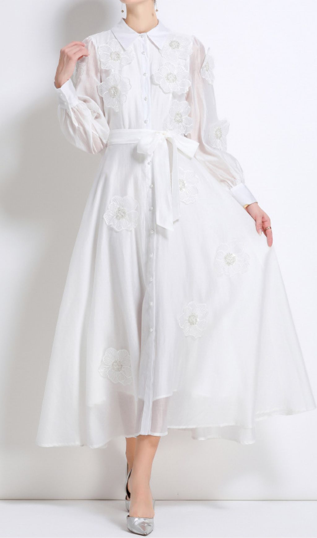 Fashionslee Women Holly White Flower Long Sleeve Midi Dress