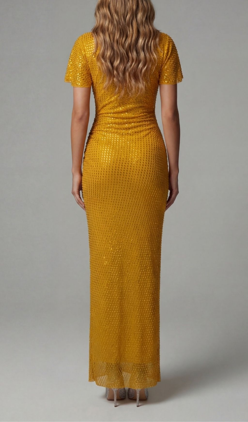 Fashionslee Women Kennedy Wheat Crystal Ruched Maxi Dress