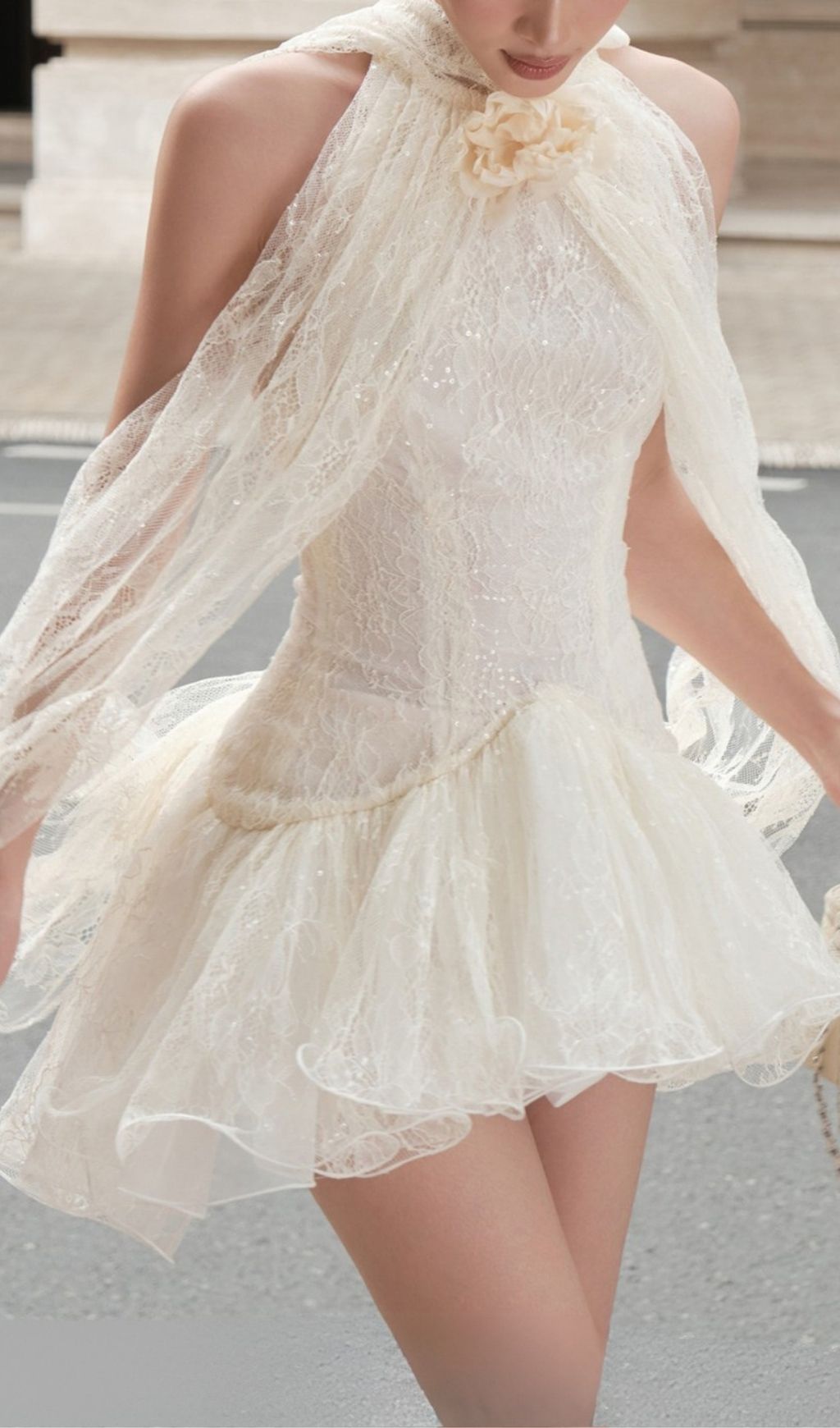 Fashionslee Women Kore Halter Lace Sequin Flower Mini Dress
