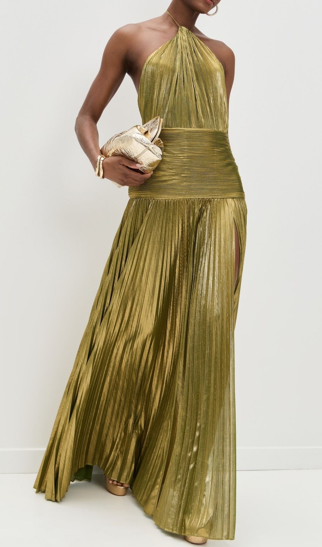 Fashionslee Women Syriona Halterneck Split Pleated Metallic Maxi Dress In Gold