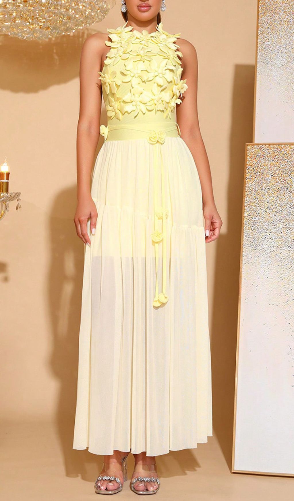 Fashionslee Women Hagop Yellow Flower Mesh Maxi Dress