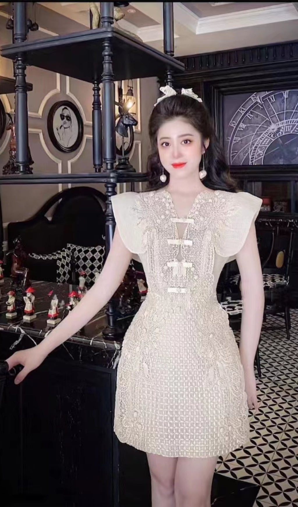 Fashionslee Women Lace Waist-Tightening Midi Dress In White