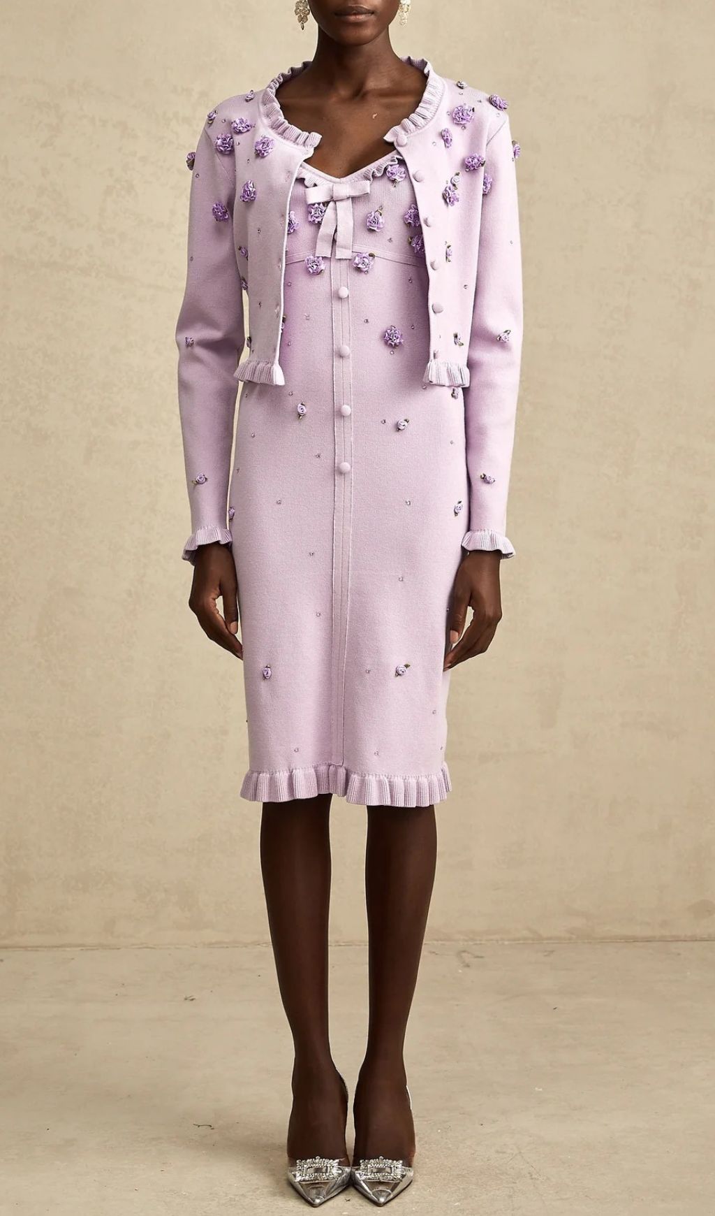 Fashionslee Women Hermes Purple Flower Cardigan & Midi Dress
