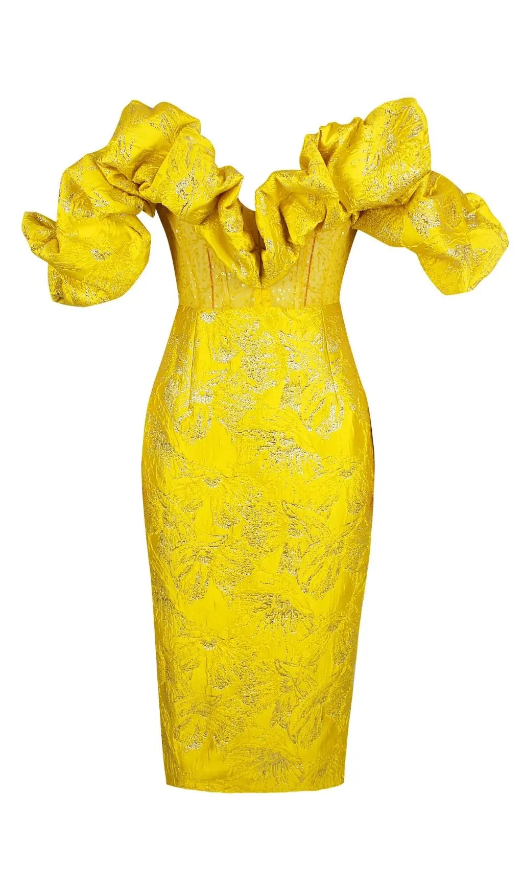 Fashionslee Women Jacquard Strapless Lace Midi Dress In Yellow