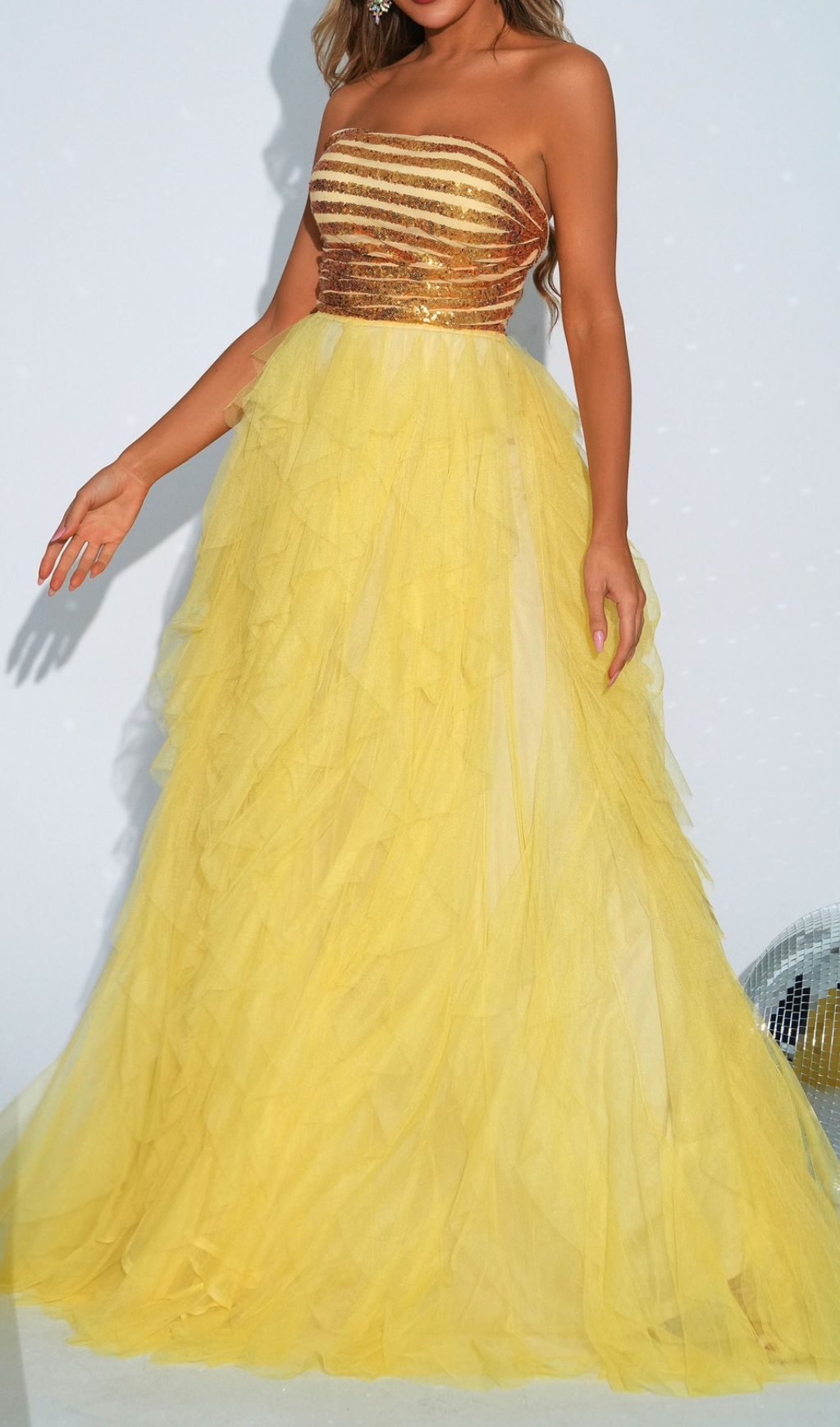 VIRAL YELLOW STRAPLESS SEQUIN MAXI DRESS - OWNCI