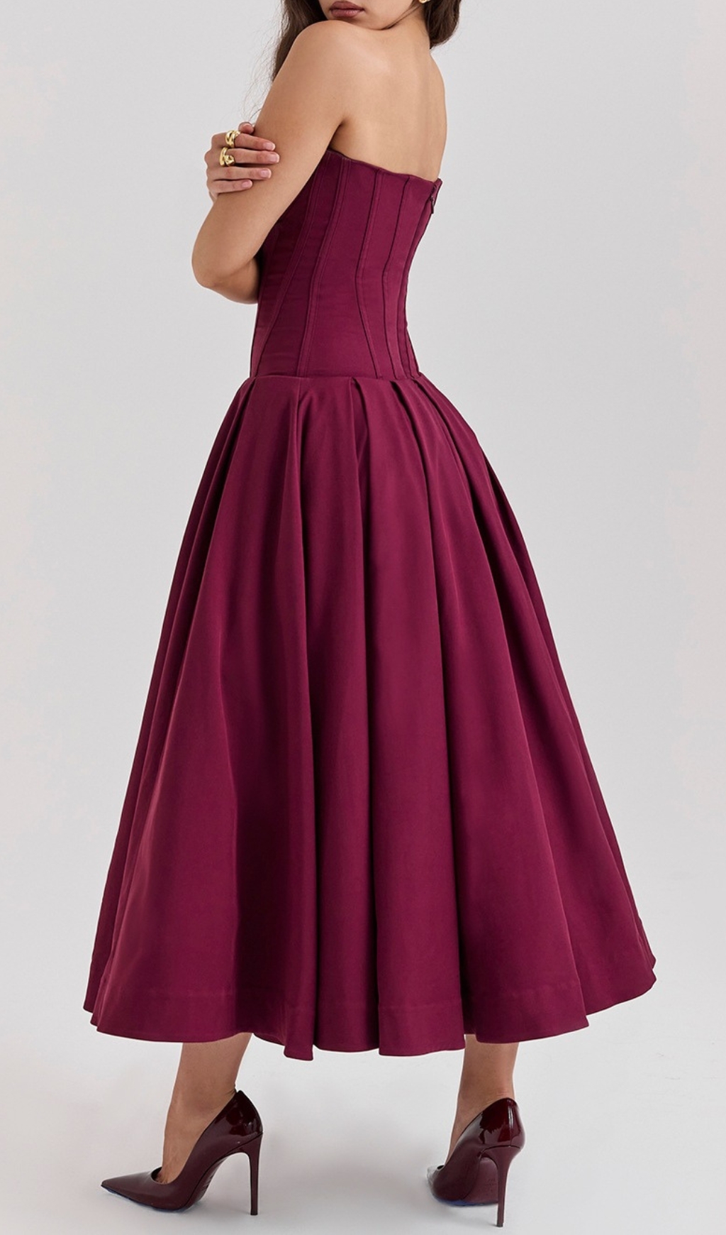 Fashionslee Women Devani Wine Strapless Corset Midi Dress