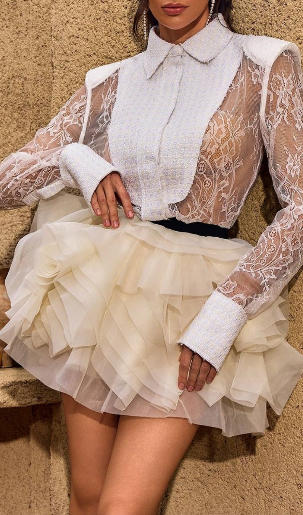 Fashionslee Women Chasya Long Sleeve Lace Shirt In White