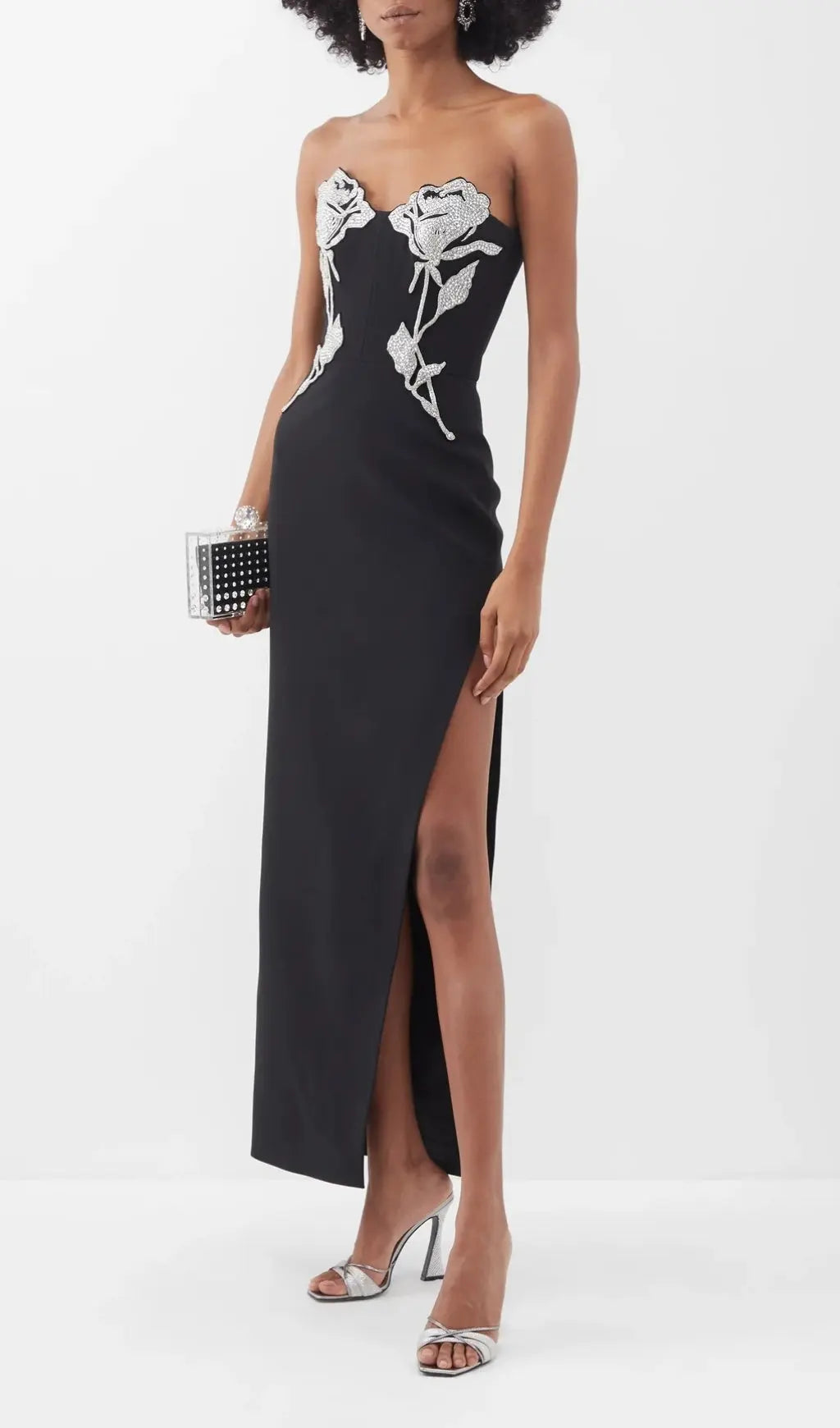 Fashionslee Women Crystal Flower Maxi Dress In Black