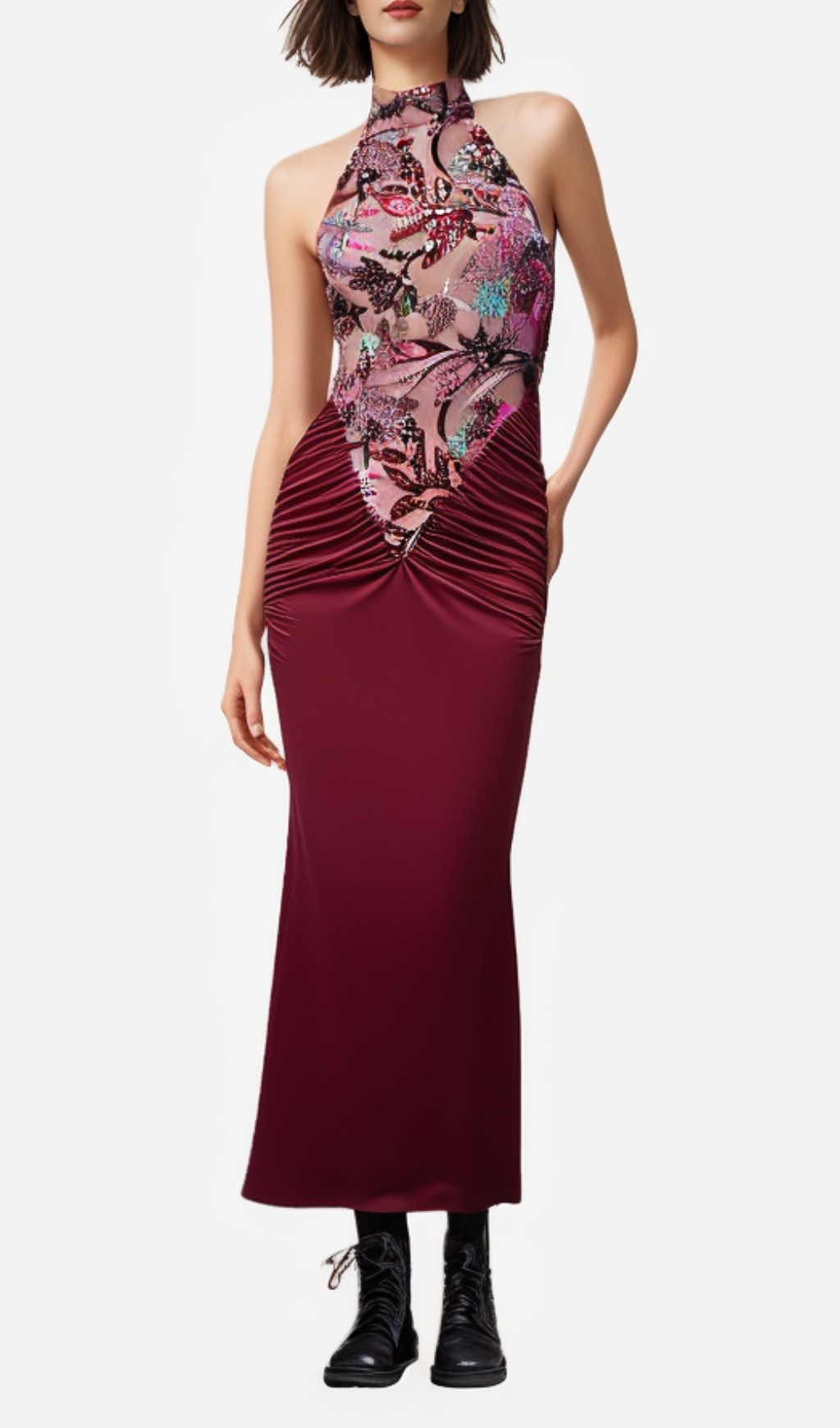Fashionslee Women Dusha Red Halter Flower Ruched Maxi Dress