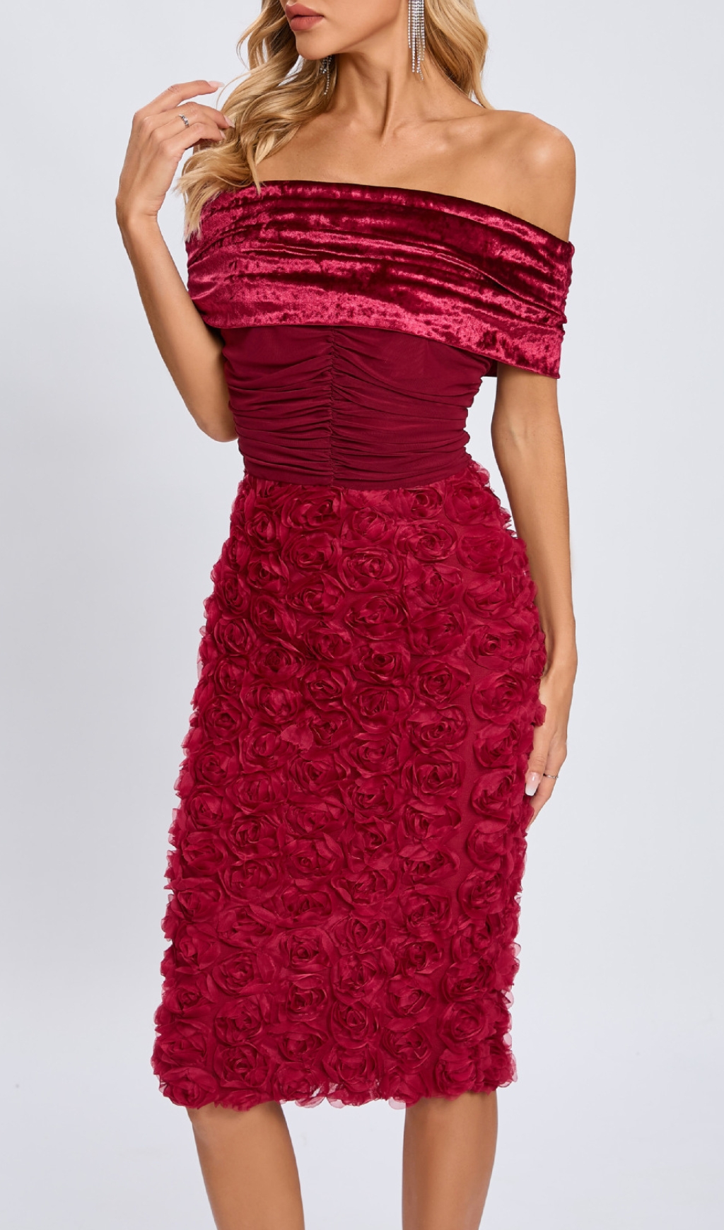 acbdd3dafbd0f63a6b68a1214439150a.jpg Fashionslee Women Colletta Red Off-Shoulder Ruched Flower Midi Dress