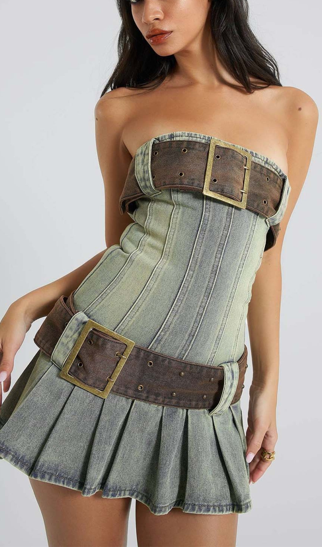 Fashionslee Women Strapless Buckle Detail Mini Dress In Blue