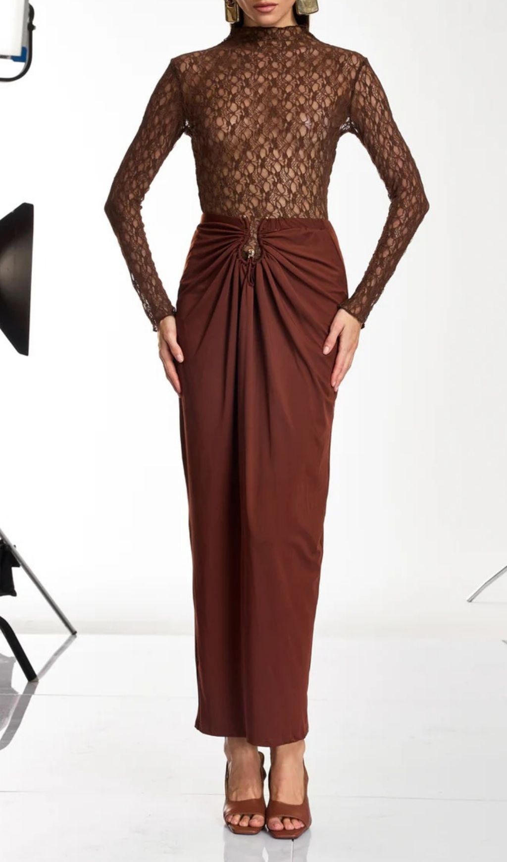 Fashionslee Women Darcila Long Sleeve Lace Ruched Skirt Set