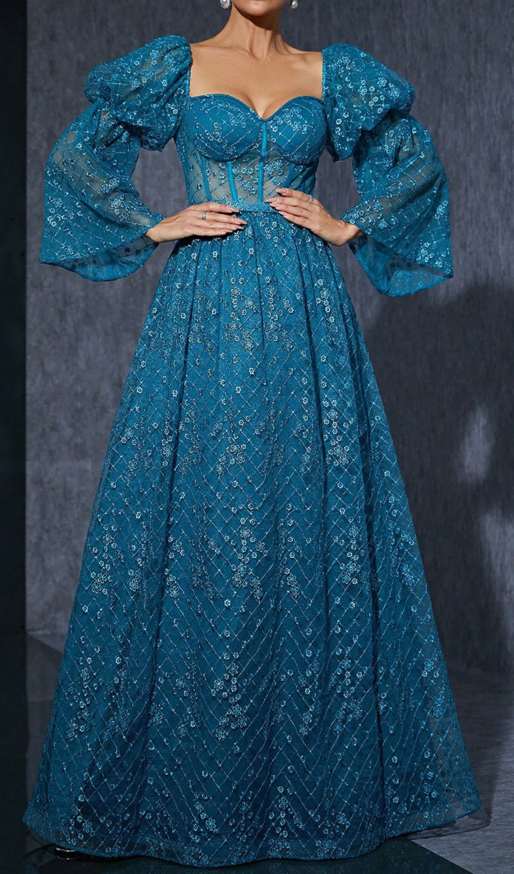 Fashionslee Women Dita Blue Corset Floral Embroidery Maxi Dress