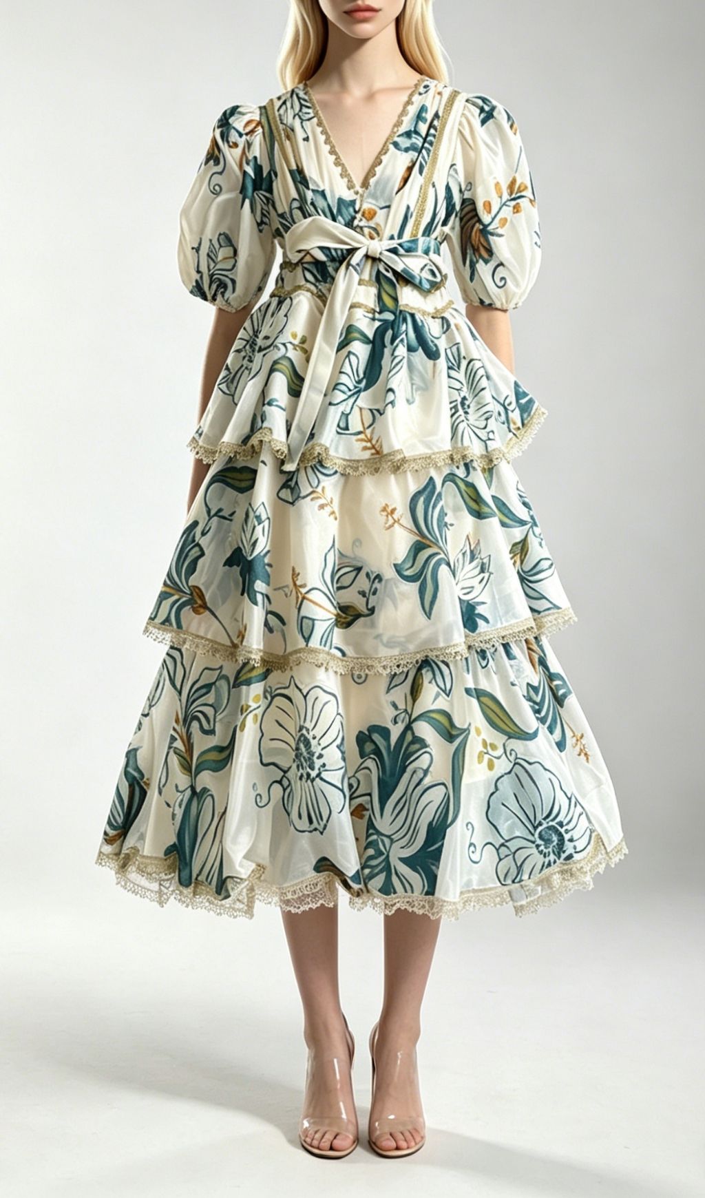 Fashionslee Women Kirsten Blue Printed Puff Sleeve Midi Dress