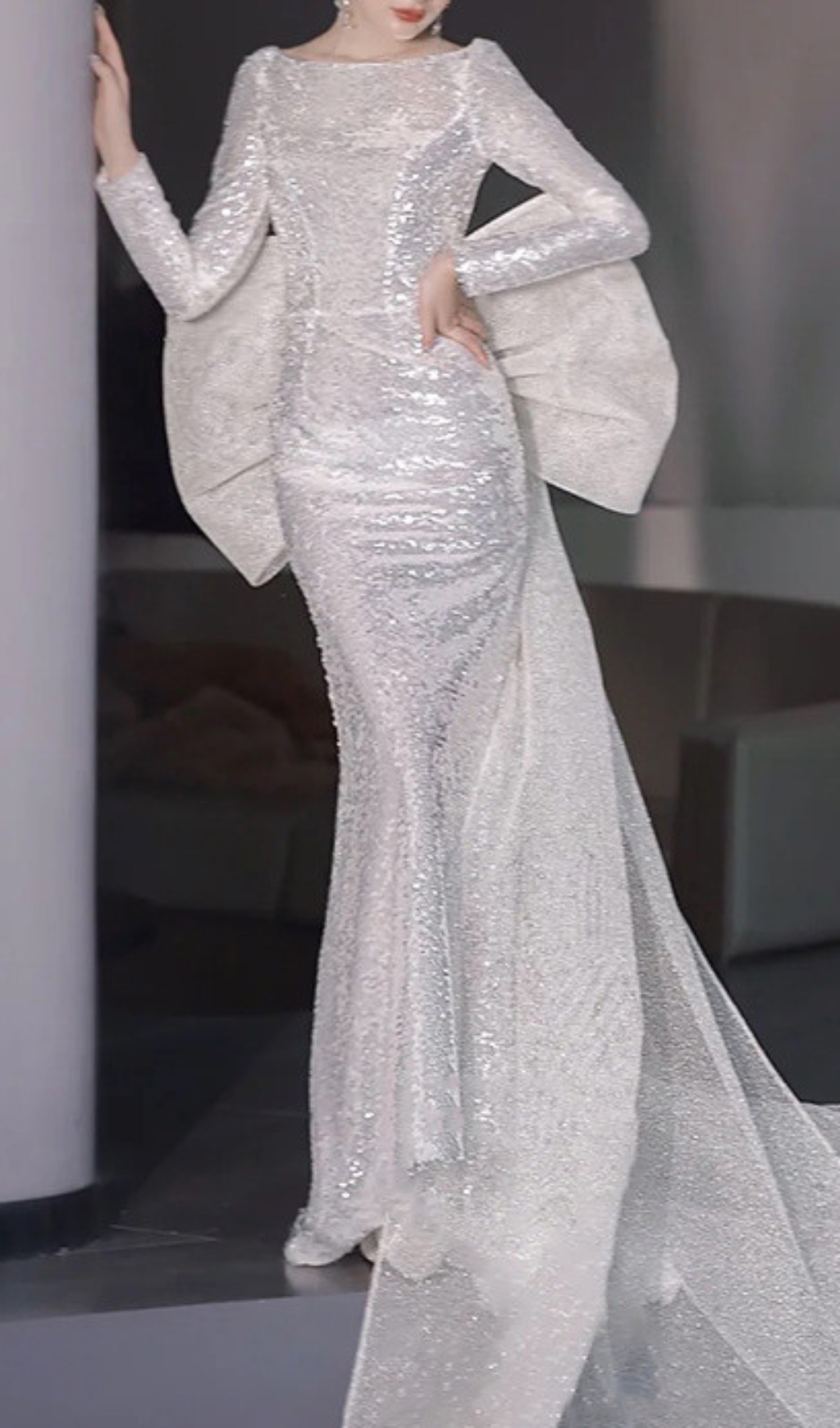 Fashionslee Women Cyma Sequin Long Sleeve Bow Maxi Dress