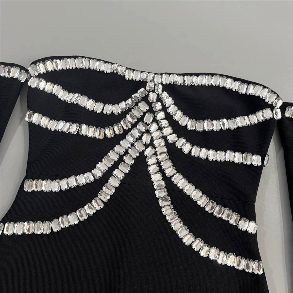 Fashionslee Women Gandhi Black Rhinestone Off-Shoulder Maxi Dress