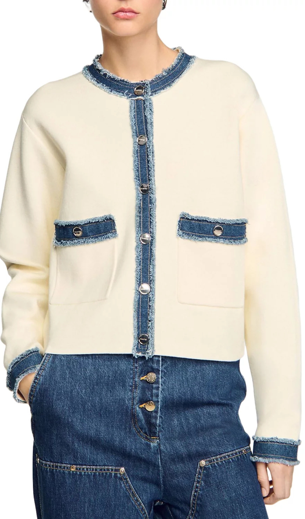 Fashionslee Women Cardigan With Denim Detail