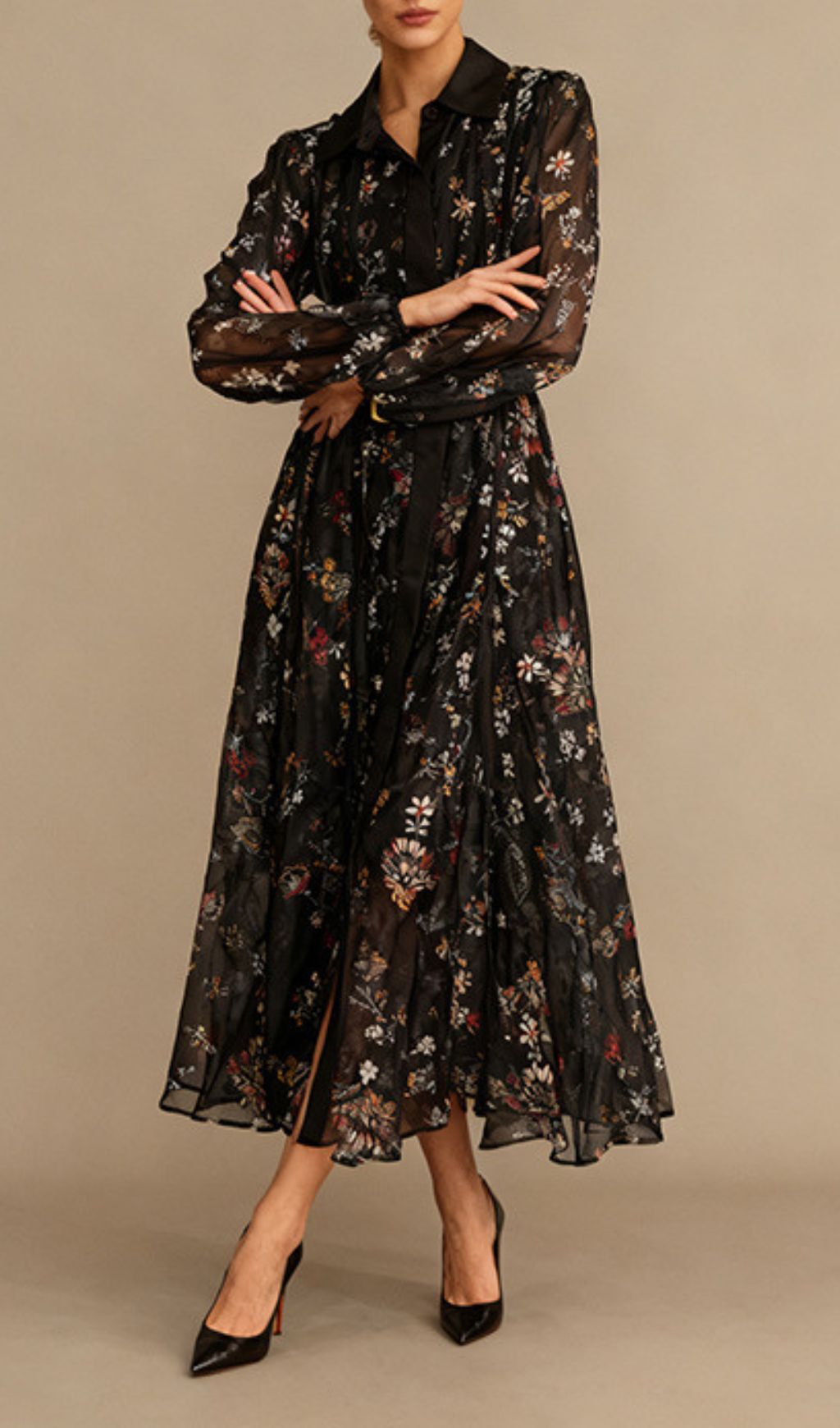 Fashionslee Women Ilandere Black Floral Long Sleeve Midi Dress