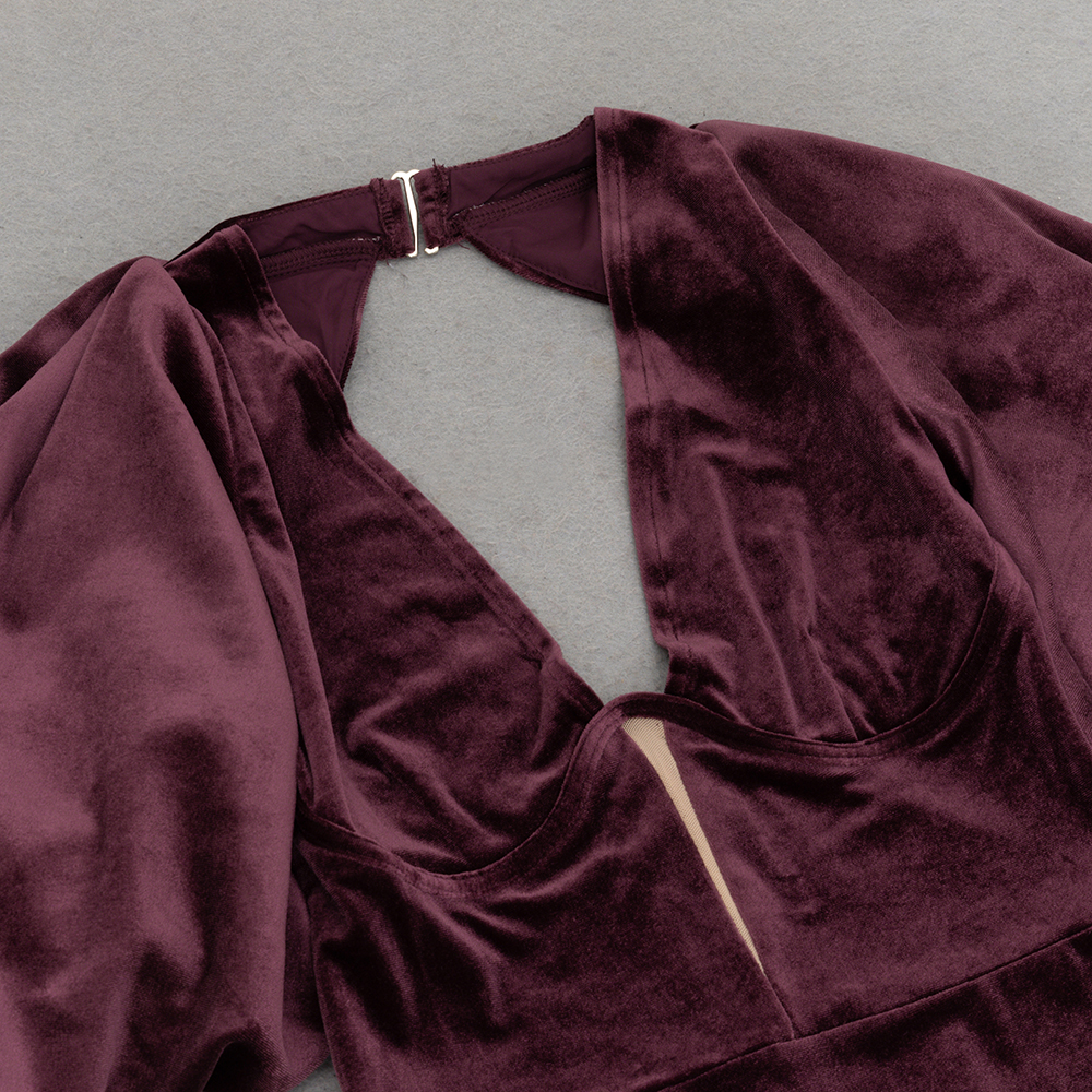 Fashionslee Women Corrado Wine V-Neck Velvet Maxi Dress