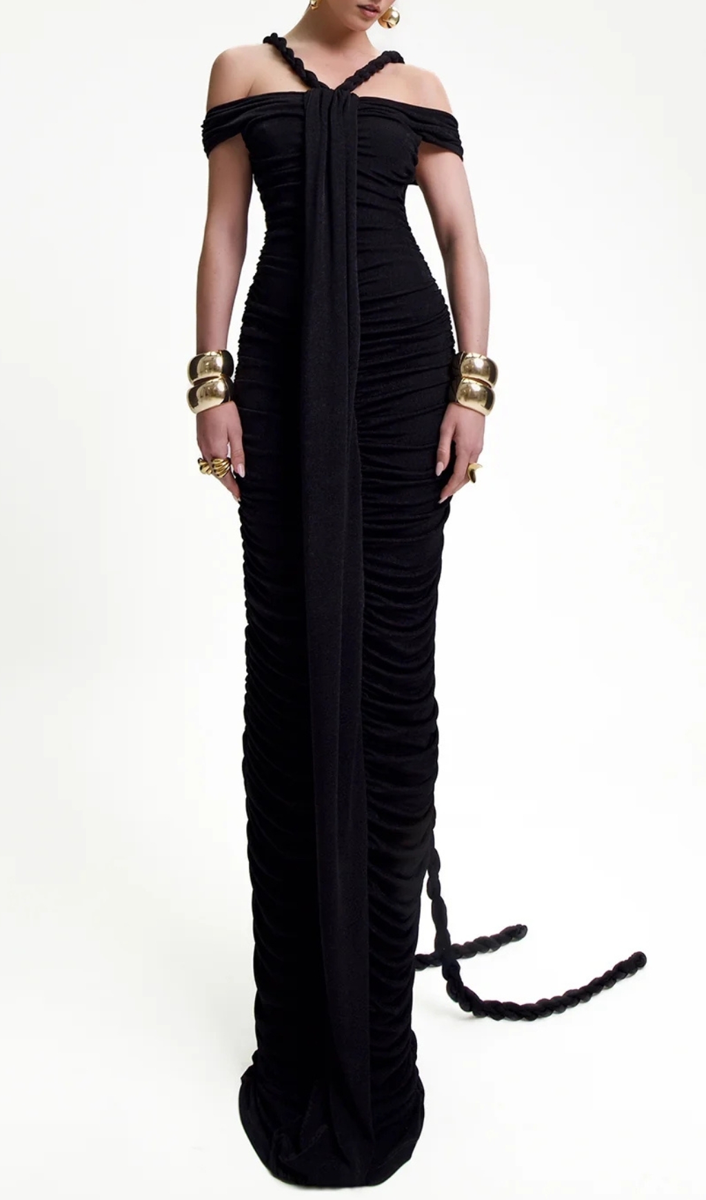 Fashionslee Women Buddug Black Bardot Ruched Maxi Dress