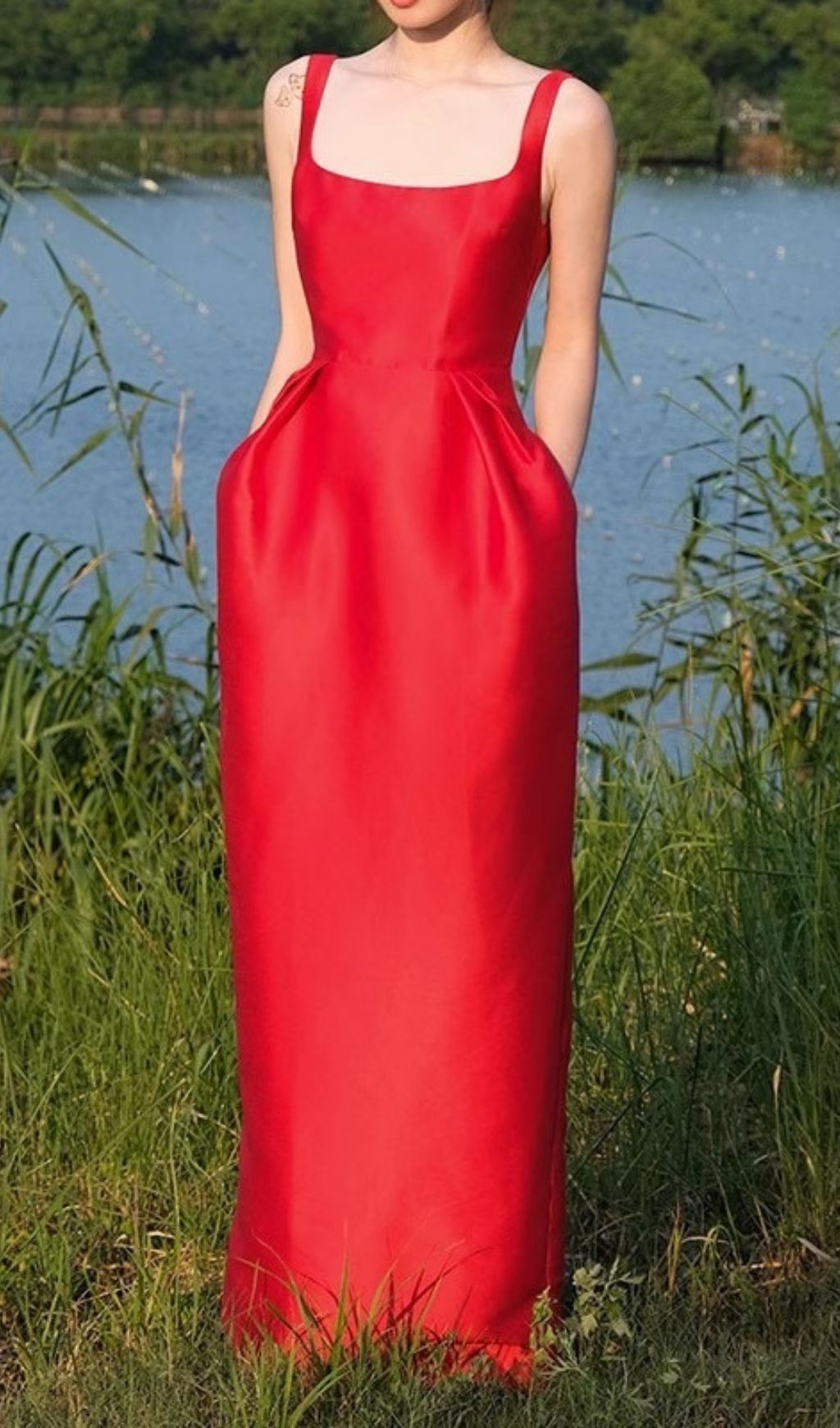 TRENDING RED SATIN STRAPY MAXI DRESS - OWNCI