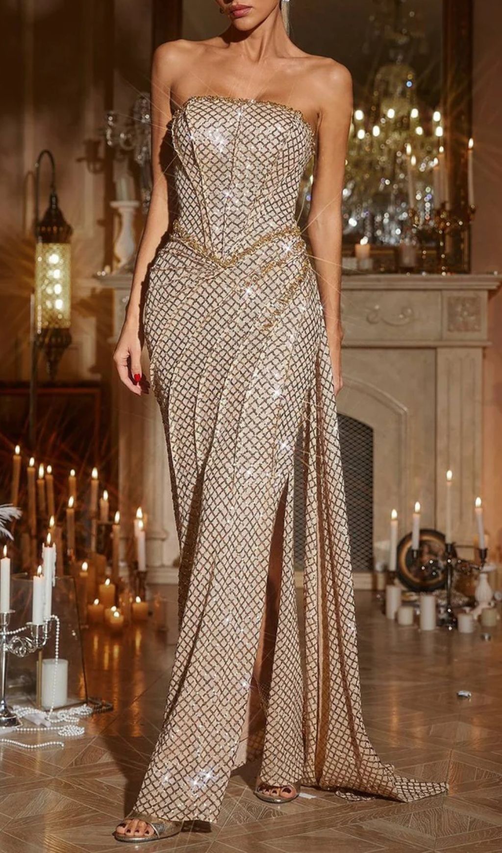 aeb60714a47345289216e9aa1d850256.jpg Fashionslee Women Doveva Champagne Strapless Sequin Maxi Dress
