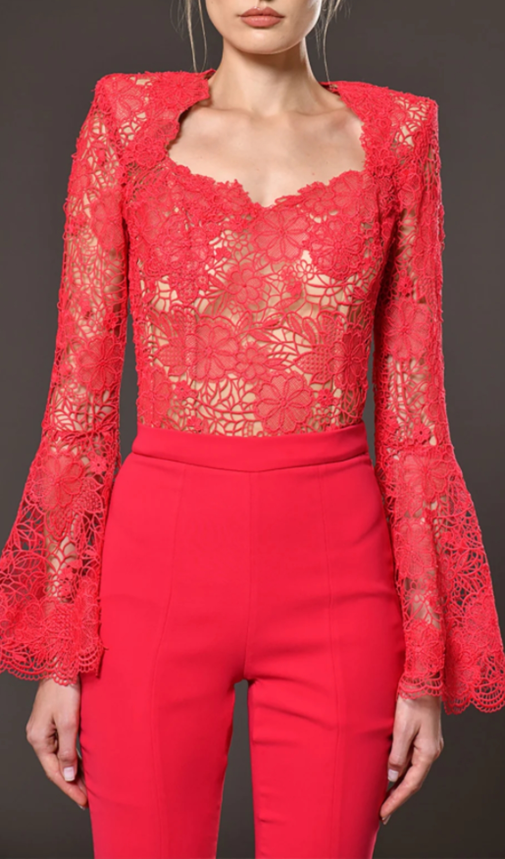 aec1218161f9cd89afbb14f45f0b6cee.jpg Fashionslee Women Charli Red Lace Long Sleeve Jumpsuit