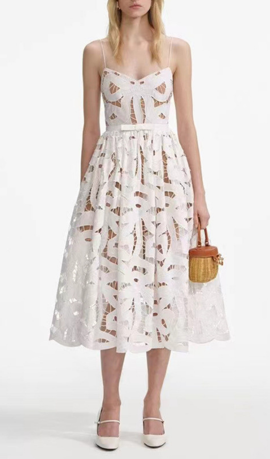 Fashionslee Women Fay White Strappy Embroidery Midi Dress