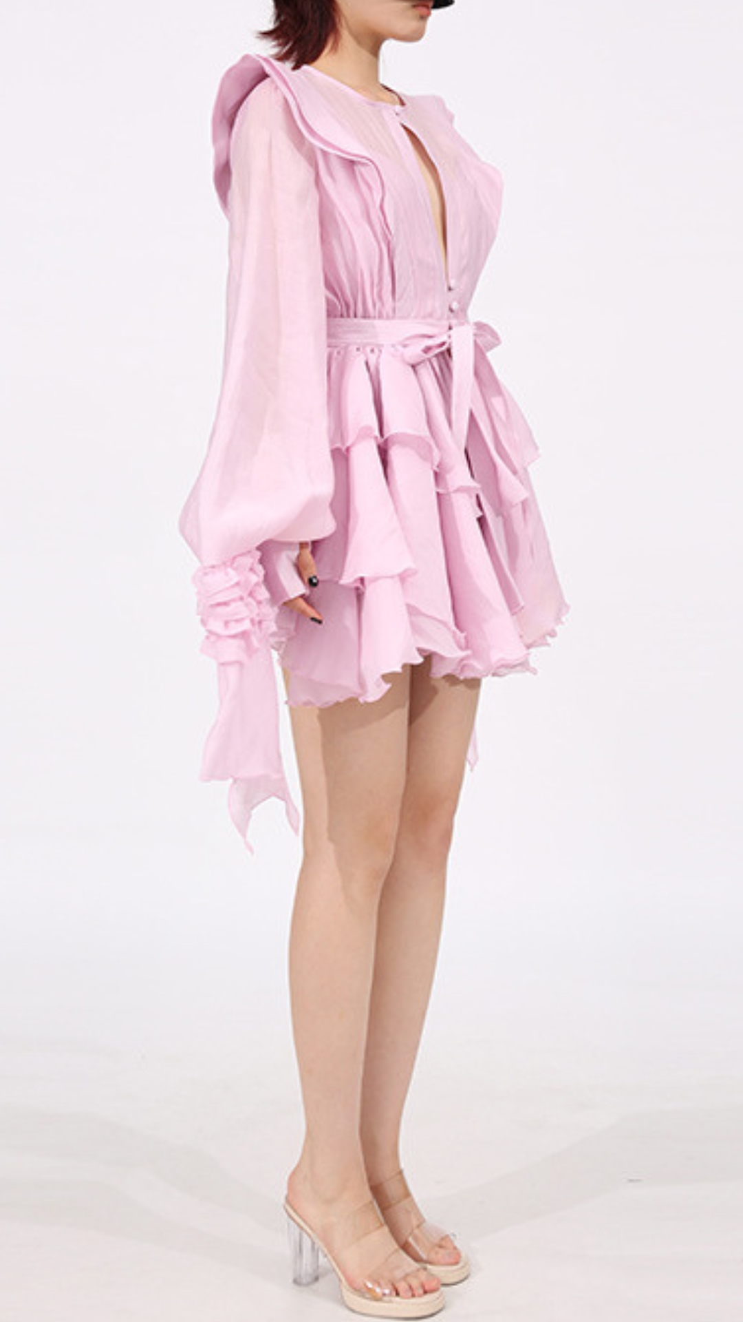 Fashionslee Women Fleur Pink Long Sleeve Ruffle Mini Dress