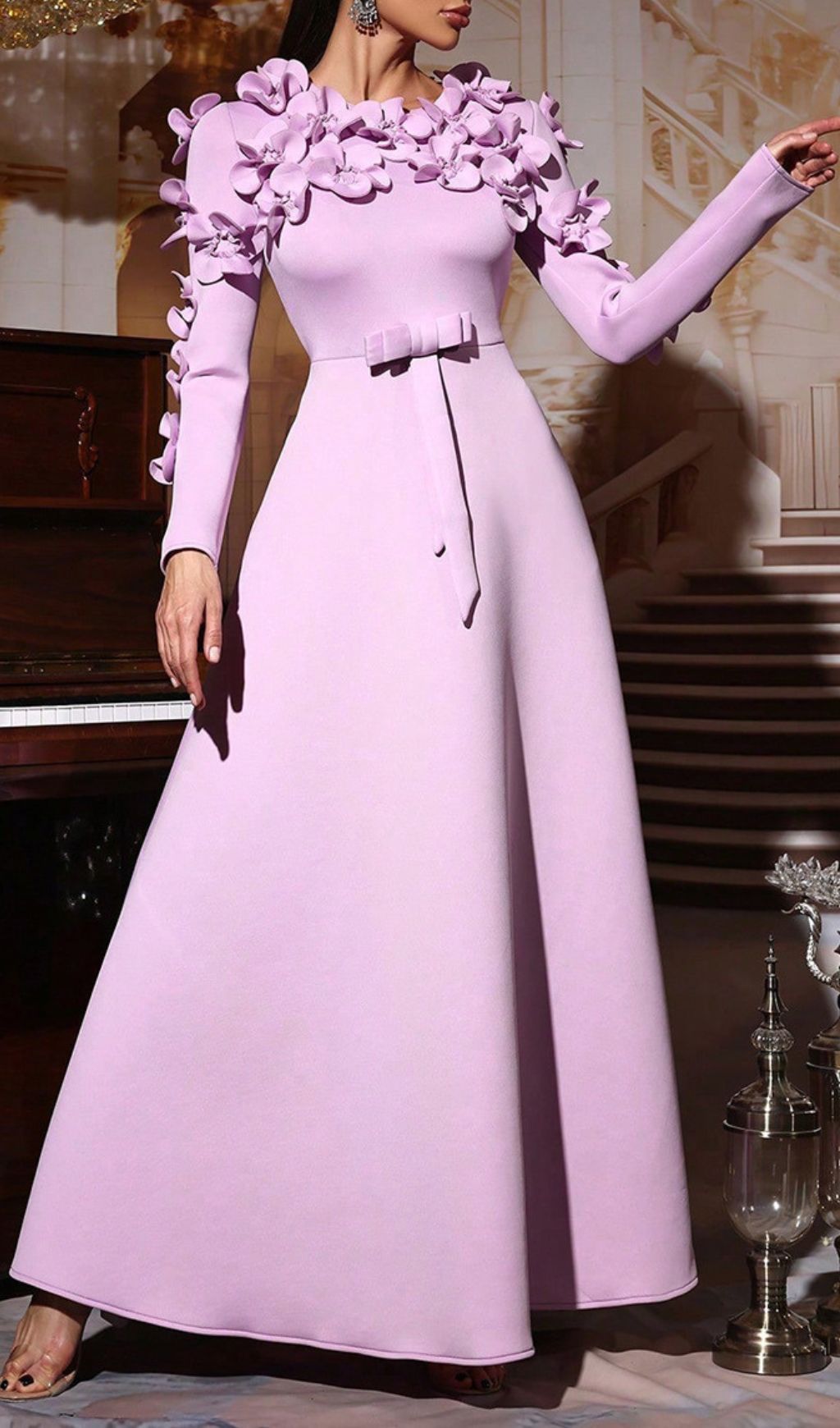 Fashionslee Women Hadia Purple Flower Long Sleeve Maxi Dress
