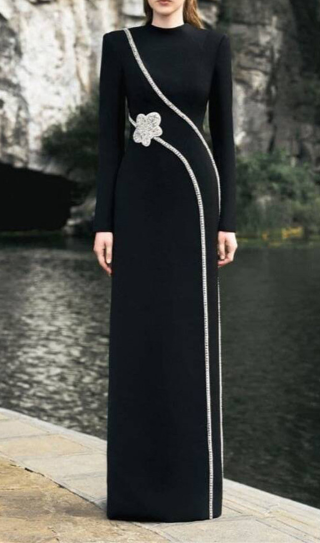 Fashionslee Women Galatia Black Diamante Long Sleeve Maxi Dress