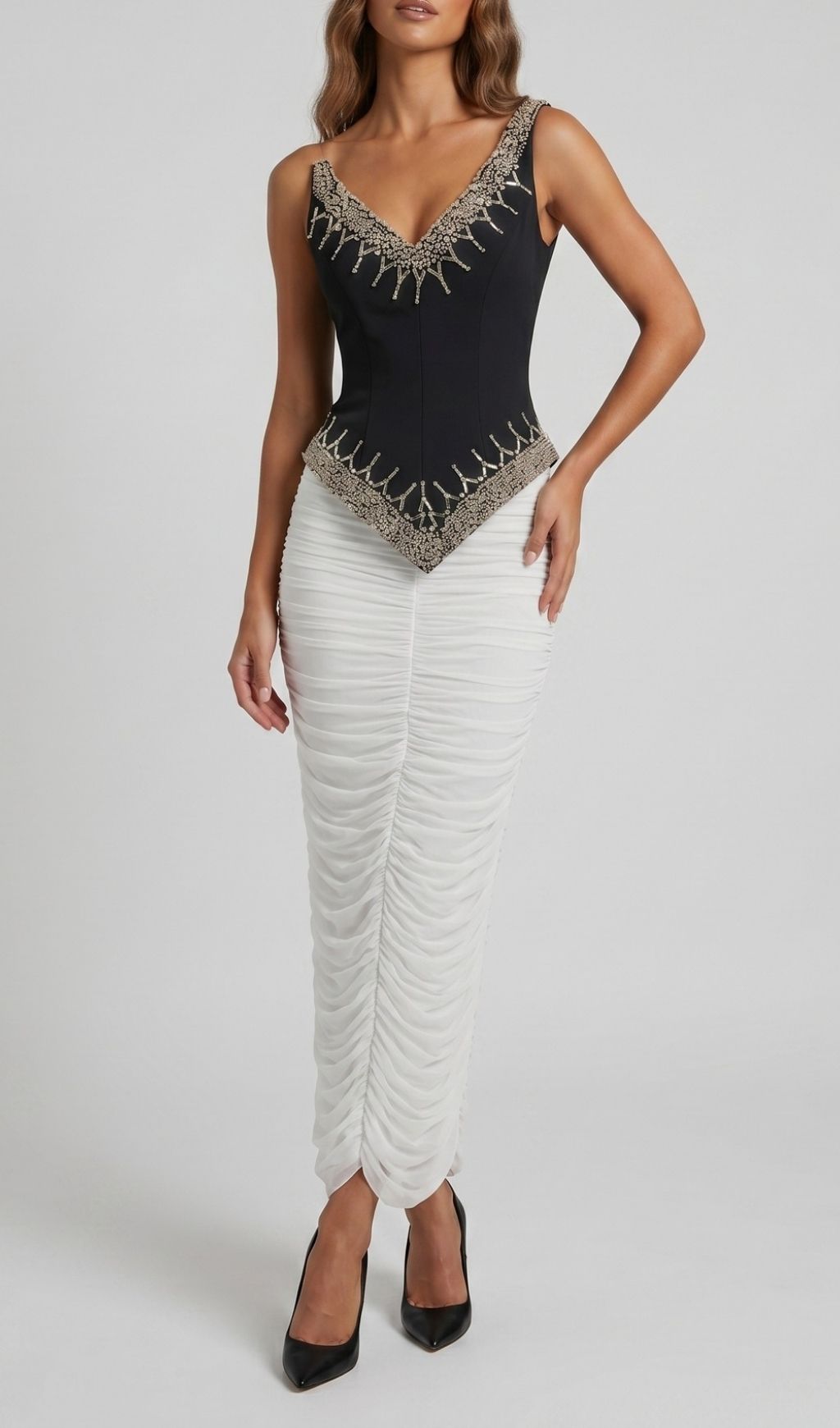 Fashionslee Women Kikuko Diamante Top & Ruched Maxi Skirt