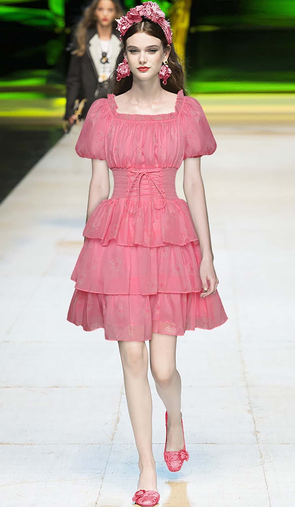 Fashionslee Women Puff Sleeve Tiered Mini Dress In Pink