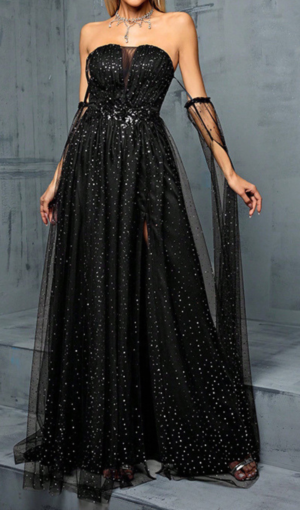 Fashionslee Women Darya Black Sequin Slit Maxi Dress