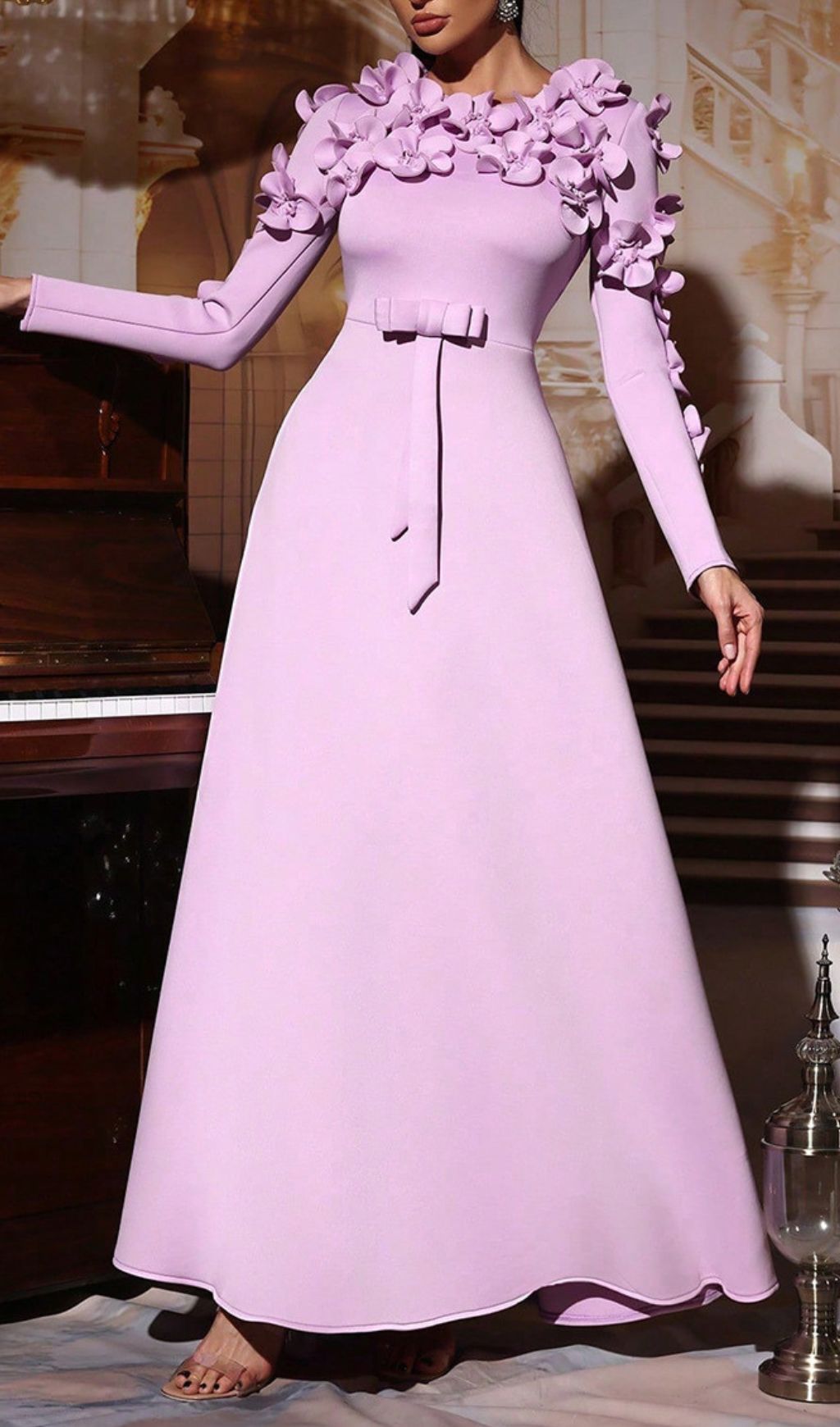 Fashionslee Women Hadia Purple Flower Long Sleeve Maxi Dress
