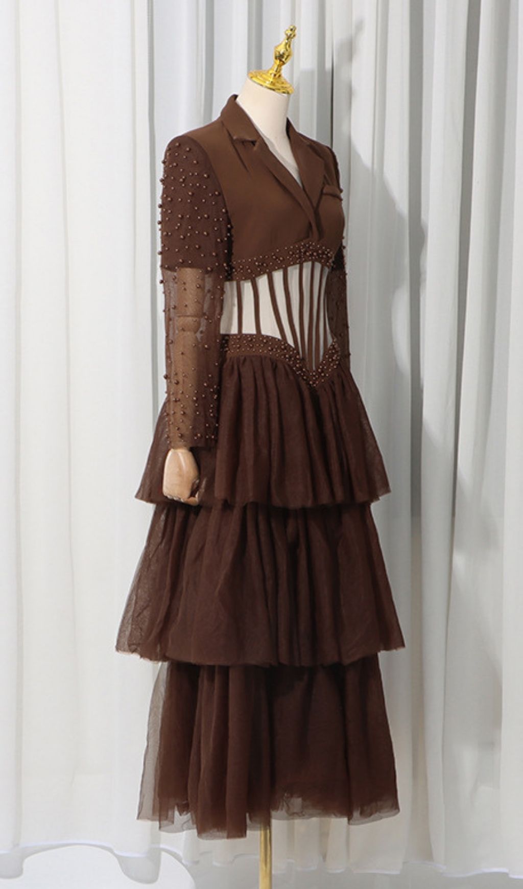 b0b0ae33c9056674c864bd124dbf65d3.jpg Fashionslee Women Kaysar Coffee Beaded Corset Mesh Maxi Dress
