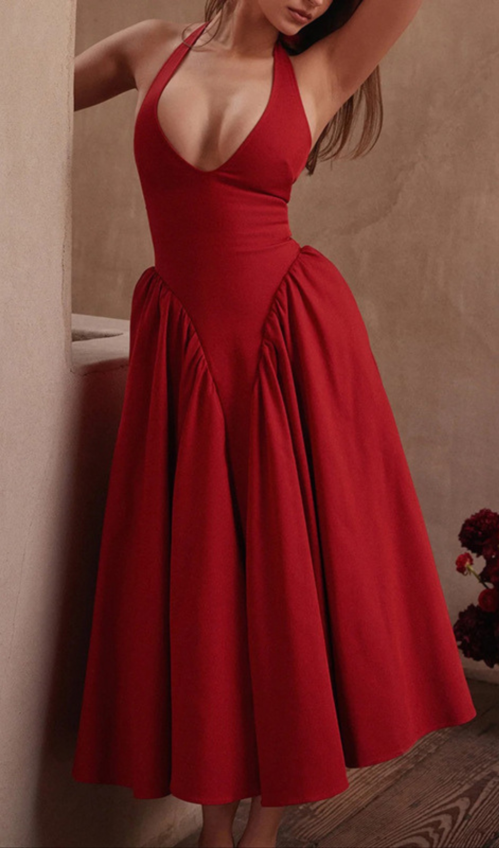 b0c580f4b6fc5345ce96aa7c1f813621.jpg Fashionslee Women Dierdra Red Halter Midi Dress