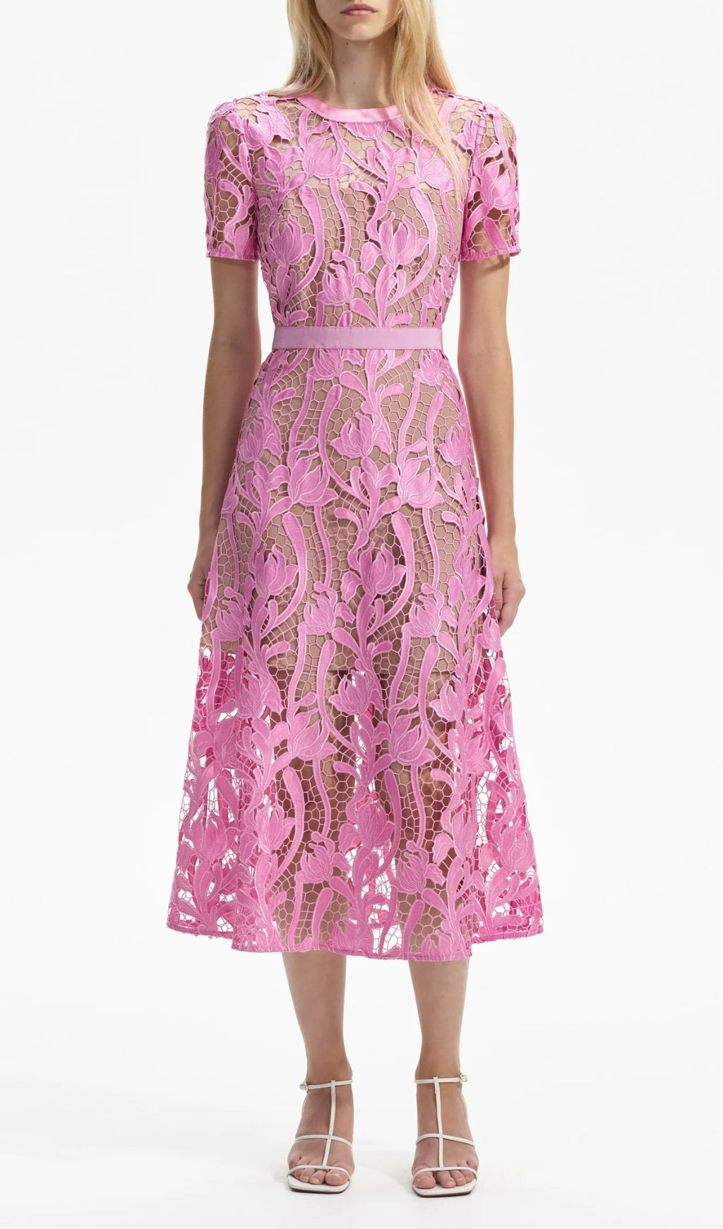 Fashionslee Women Allene Pink Lace Midi Dress