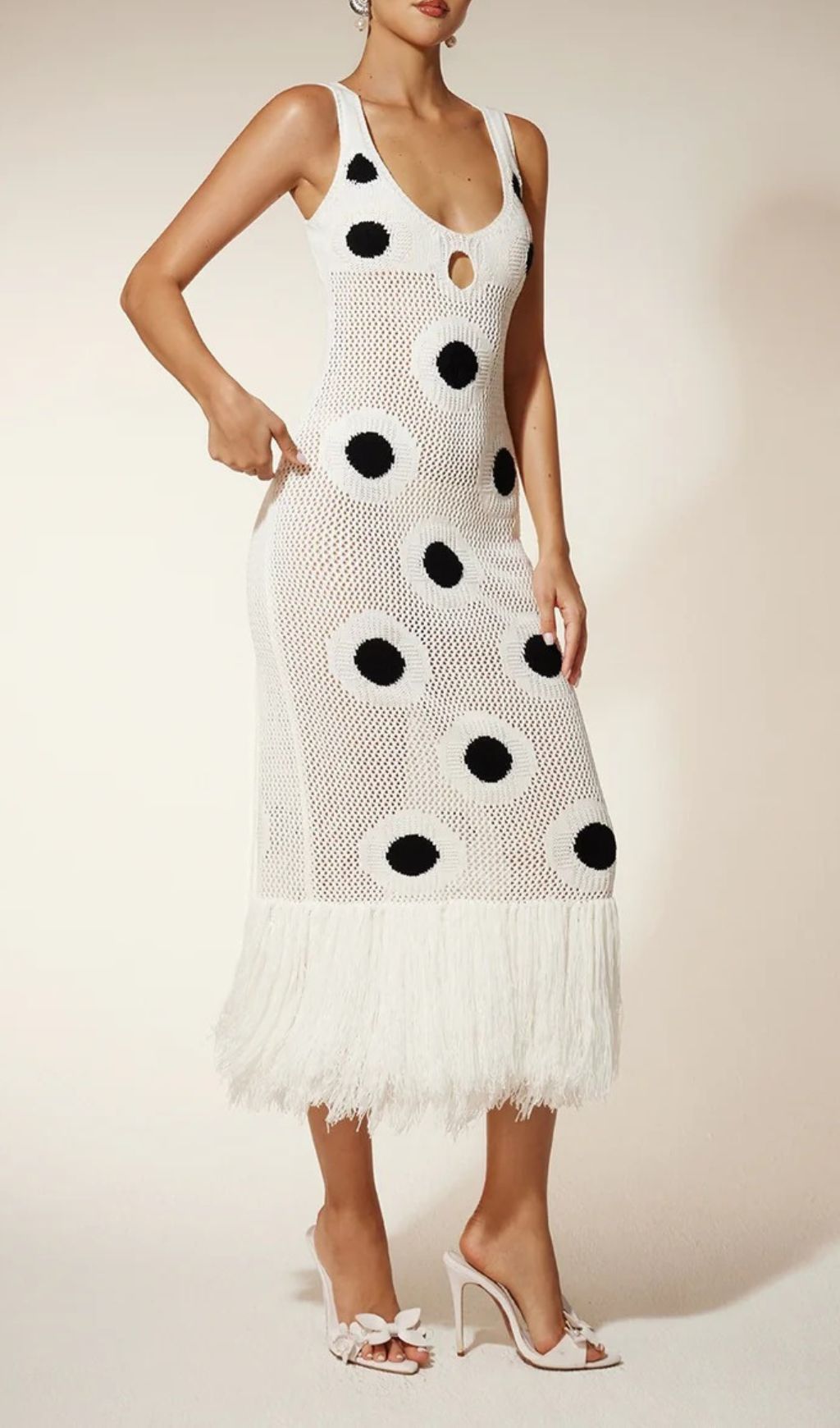 Fashionslee Women Gaelion Dot Fringe Knitted Midi Dress In White