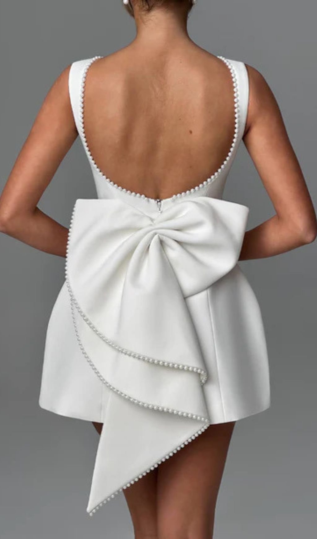 Fashionslee Women Eimear White Backless Pearl Bow Mini Dress