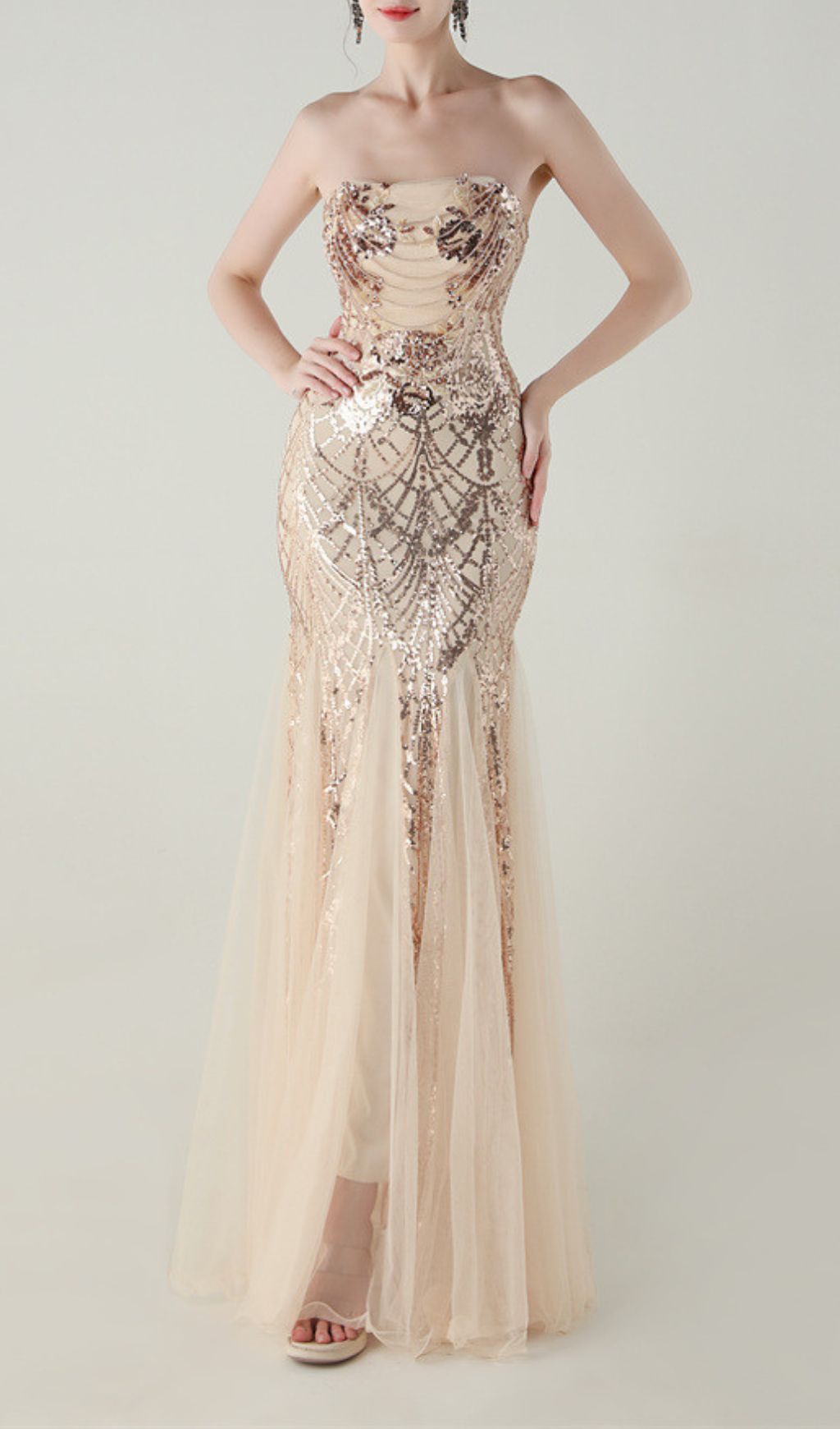 b16b702f0137a5aa185e0d143a9196b9.jpg Fashionslee Women Ikuye Strapless Sequin Mesh Maxi Dress
