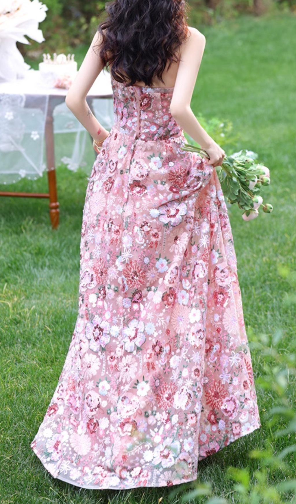 Fashionslee Women Geovany Pink Strapless Flower Sequin Maxi Dress