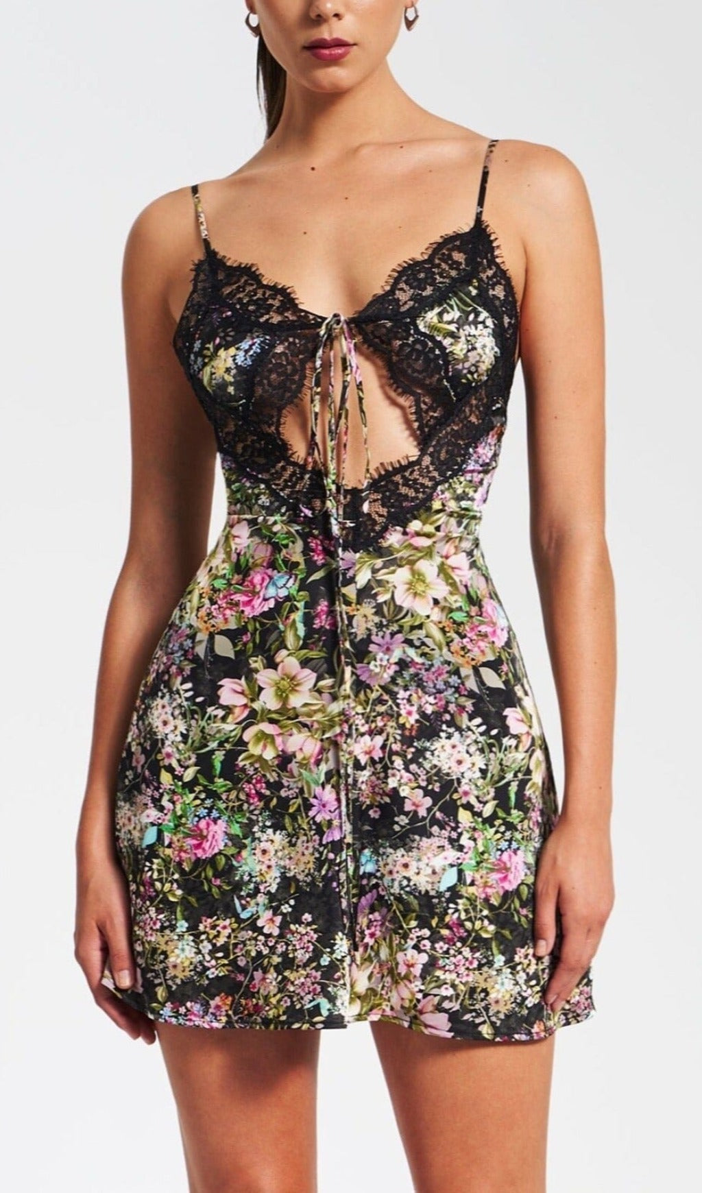 Fashionslee Women Floral Print Satin Mini Dress With Lace Trim