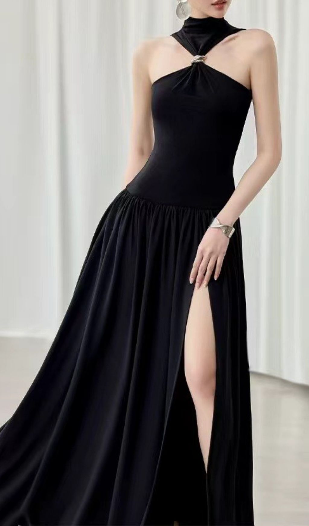 Fashionslee Women Kelley Black Halter Slit Maxi Dress