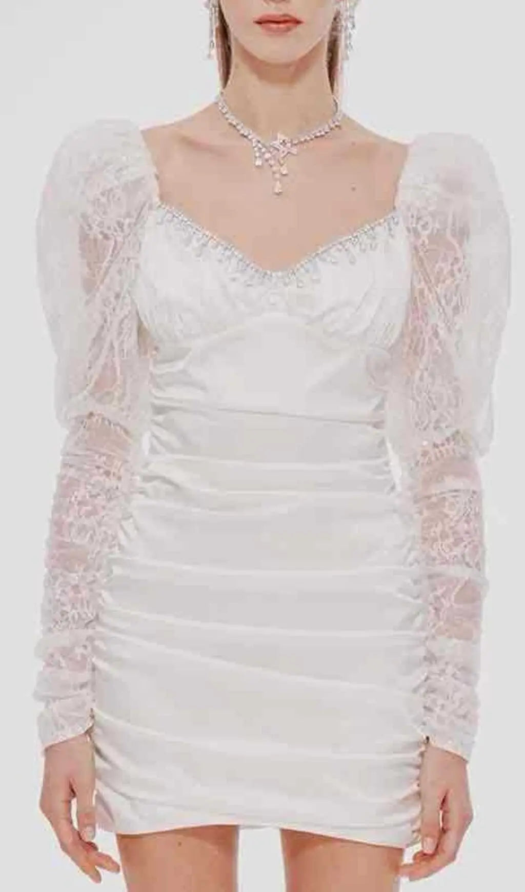 Fashionslee Women Pleated Dress With Lace Puffed Sleeves In White