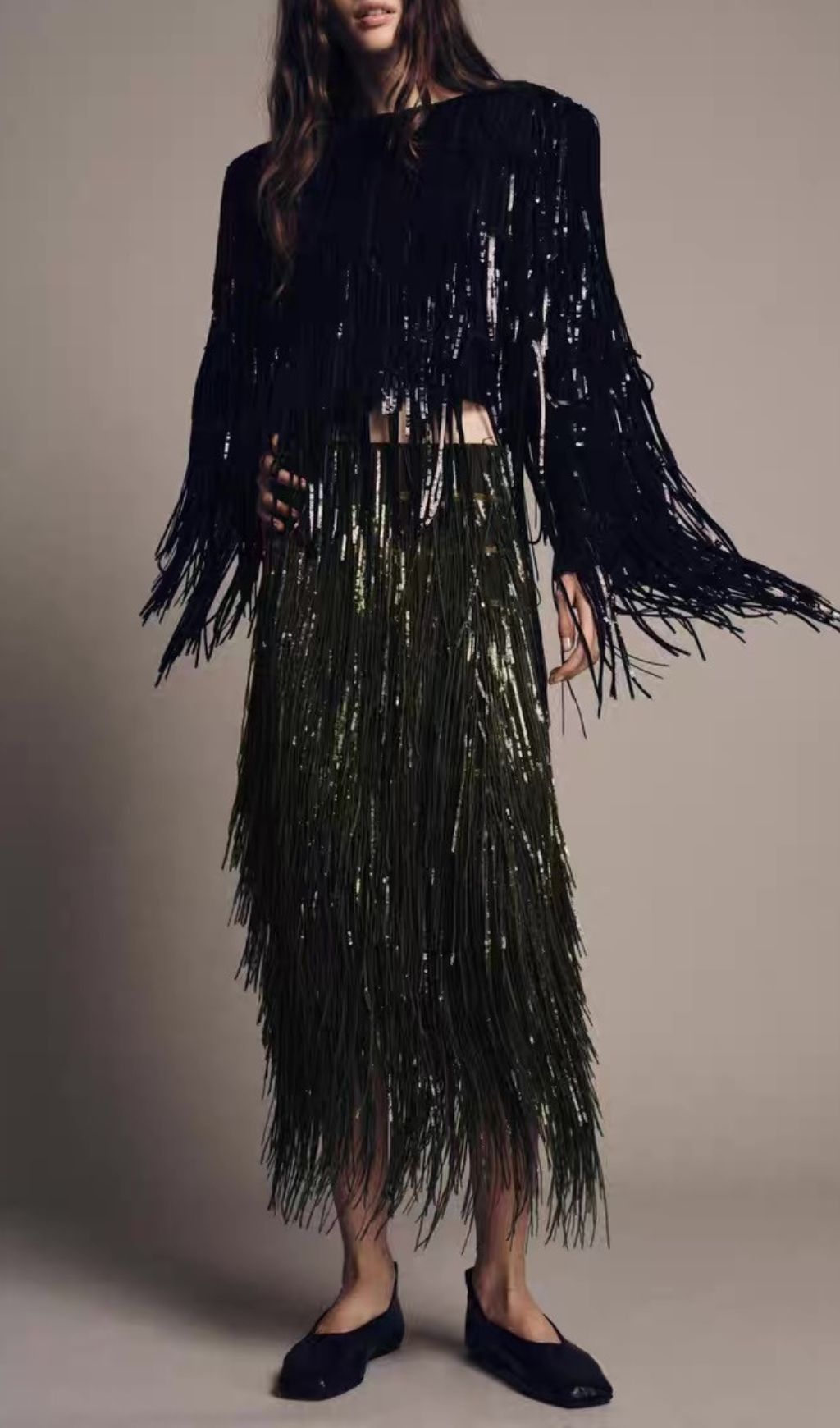 Fashionslee Women Kalama Green Beaded Tassel Midi Skirt