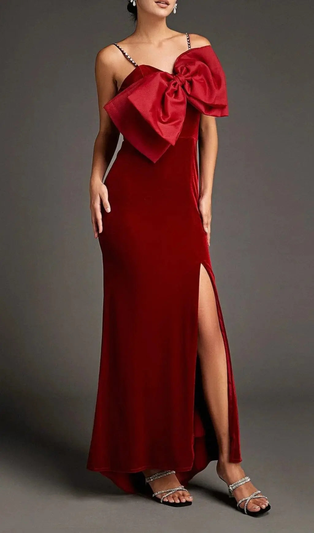 Fashionslee Women Dark Red Front Bow Side Slit Mermaid Maxi Dress