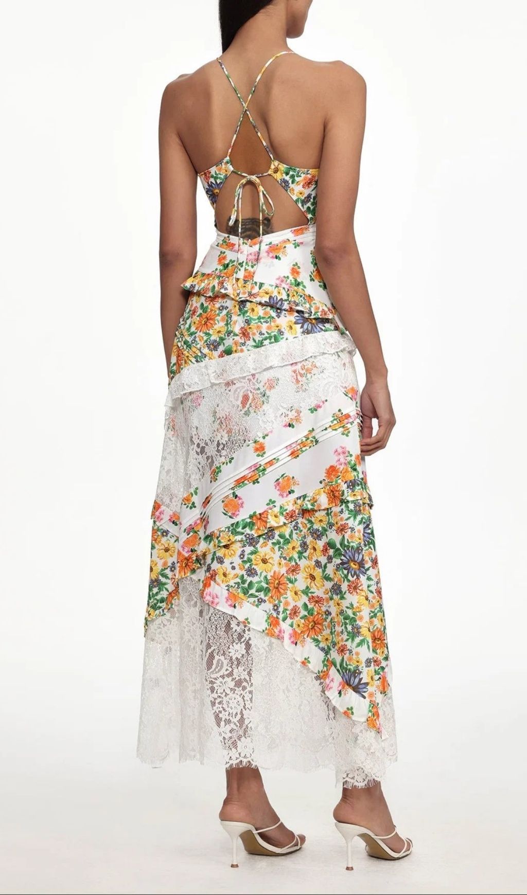 Fashionslee Women Georgia Yellow V Neck Floral Print Lace Maxi Dress