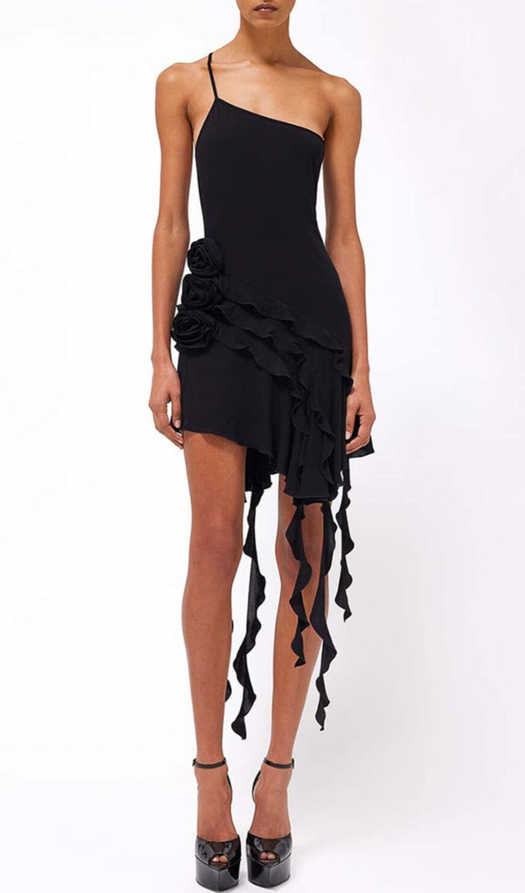 Fashionslee Women Rose-Detail Ruffled Mini Dress In Black